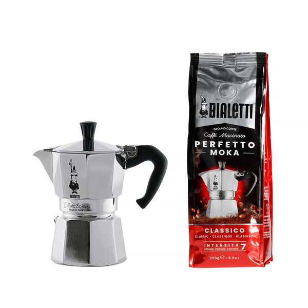 BIALETTI Moka Express na 3 filiżanki espresso (3 tz) - zestaw włoska kawiarka aluminiowa ciśnieniowa z kawą Perfetto Moka Classico 250g