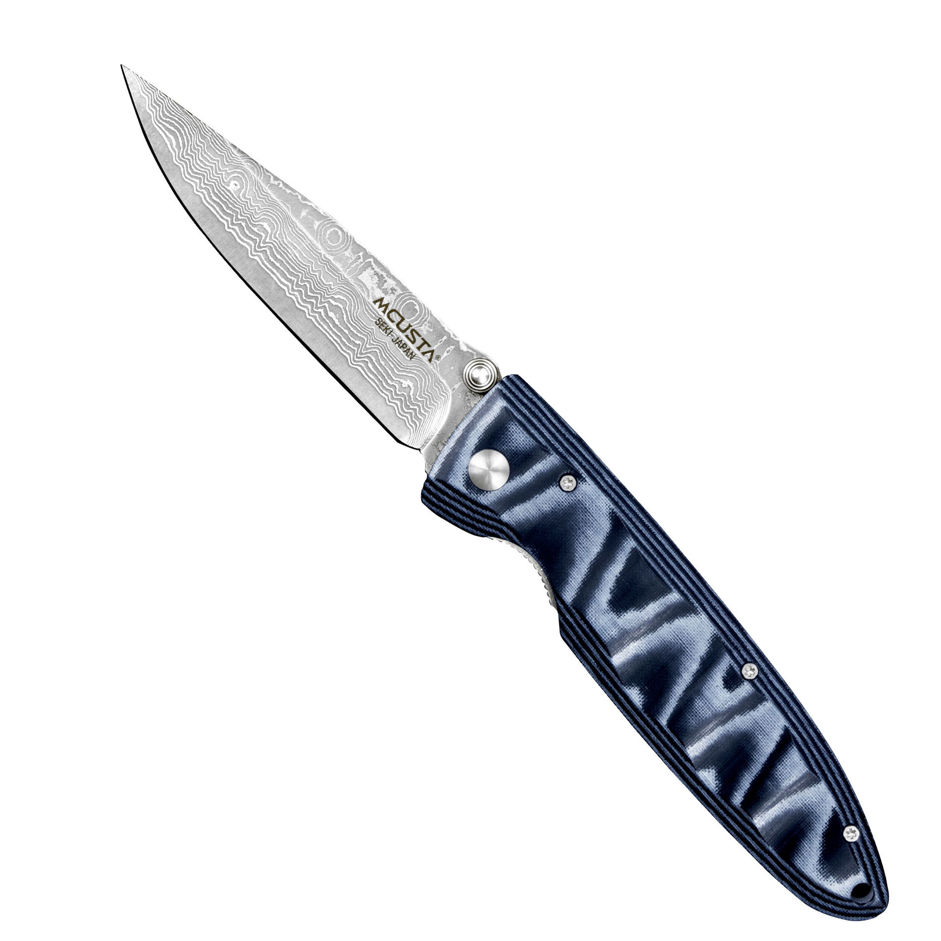 MCUSTA Classic Wave Blue Micarta Damascus 8,5 cm - japoński nóż survivalowy składany ze stali damasceńskiej