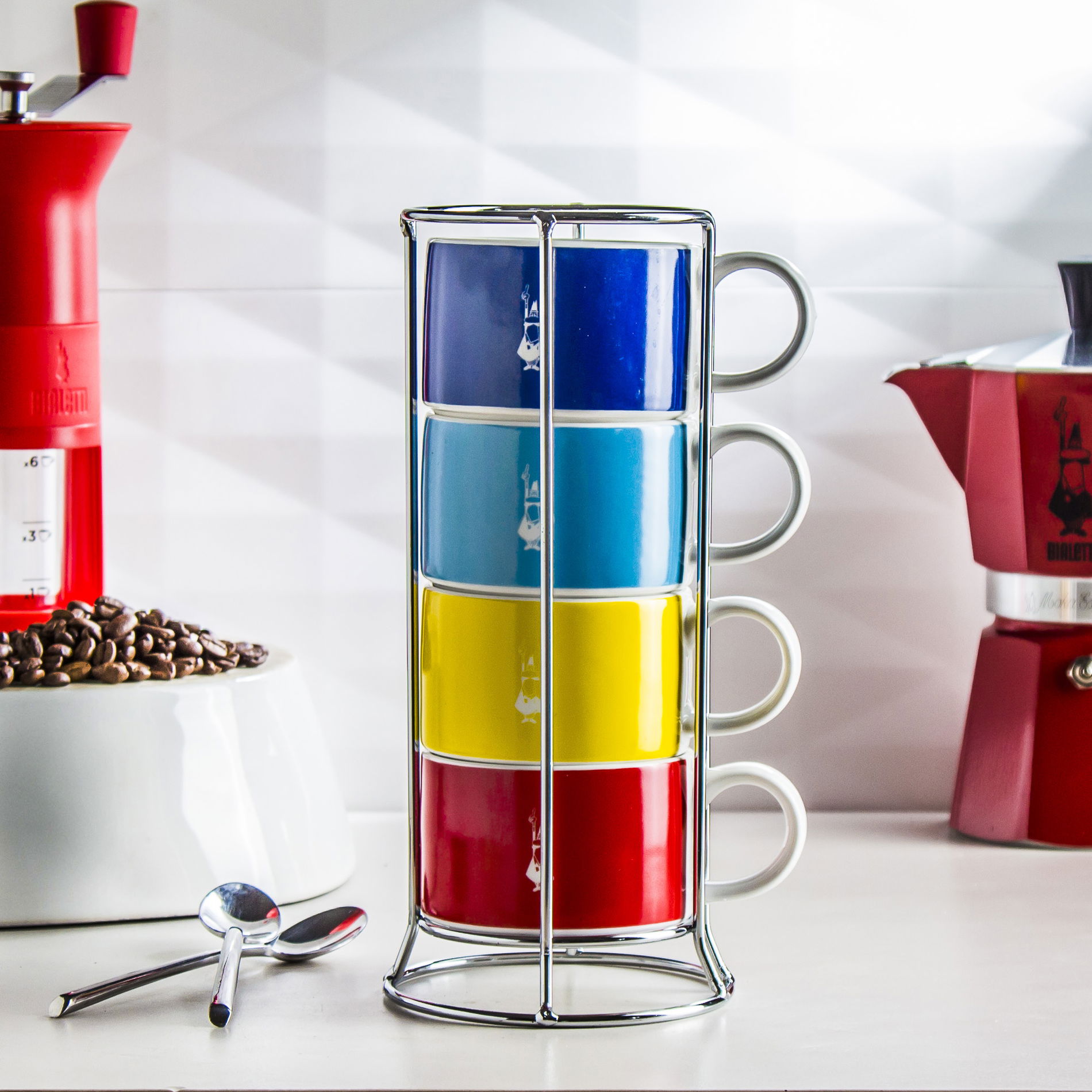 BIALETTI Color 150 ml 4 ks - porcelánové šálky na kávu a čaj so stojanom
