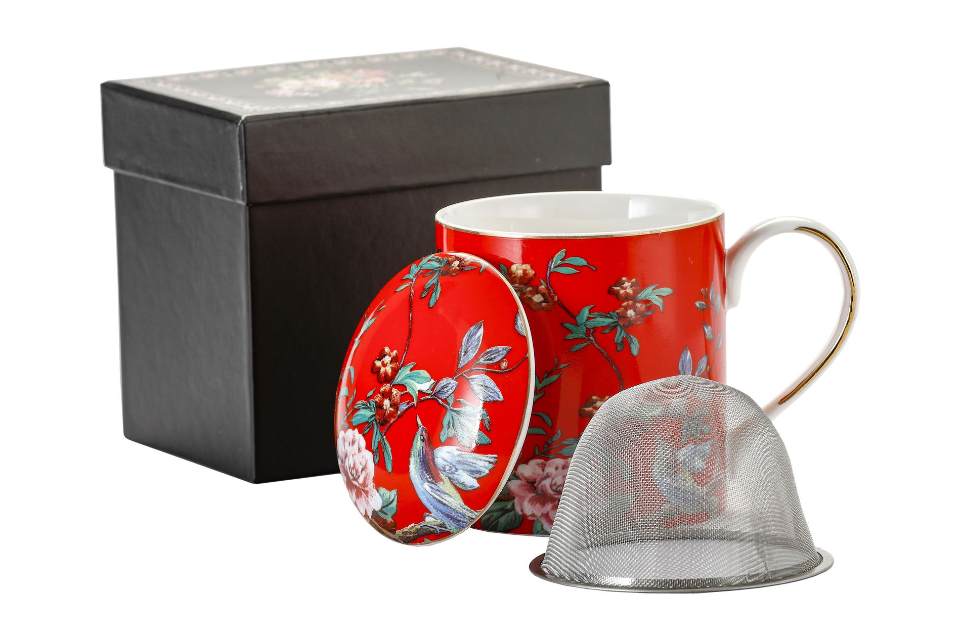Porcelánový hrnek s vařečkou a víčkem RED 360 ml