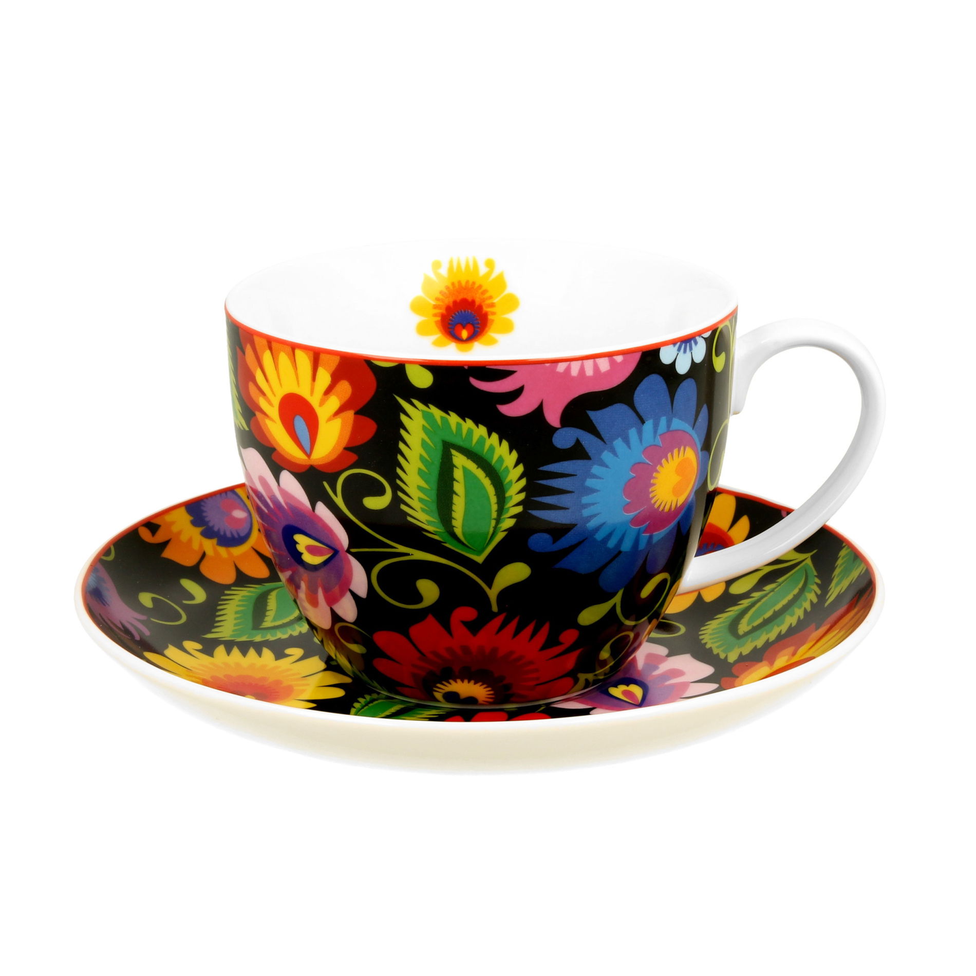 DUO ETNO Black 470 ml porcelánový šálek na čaj a kávu s podšálkem