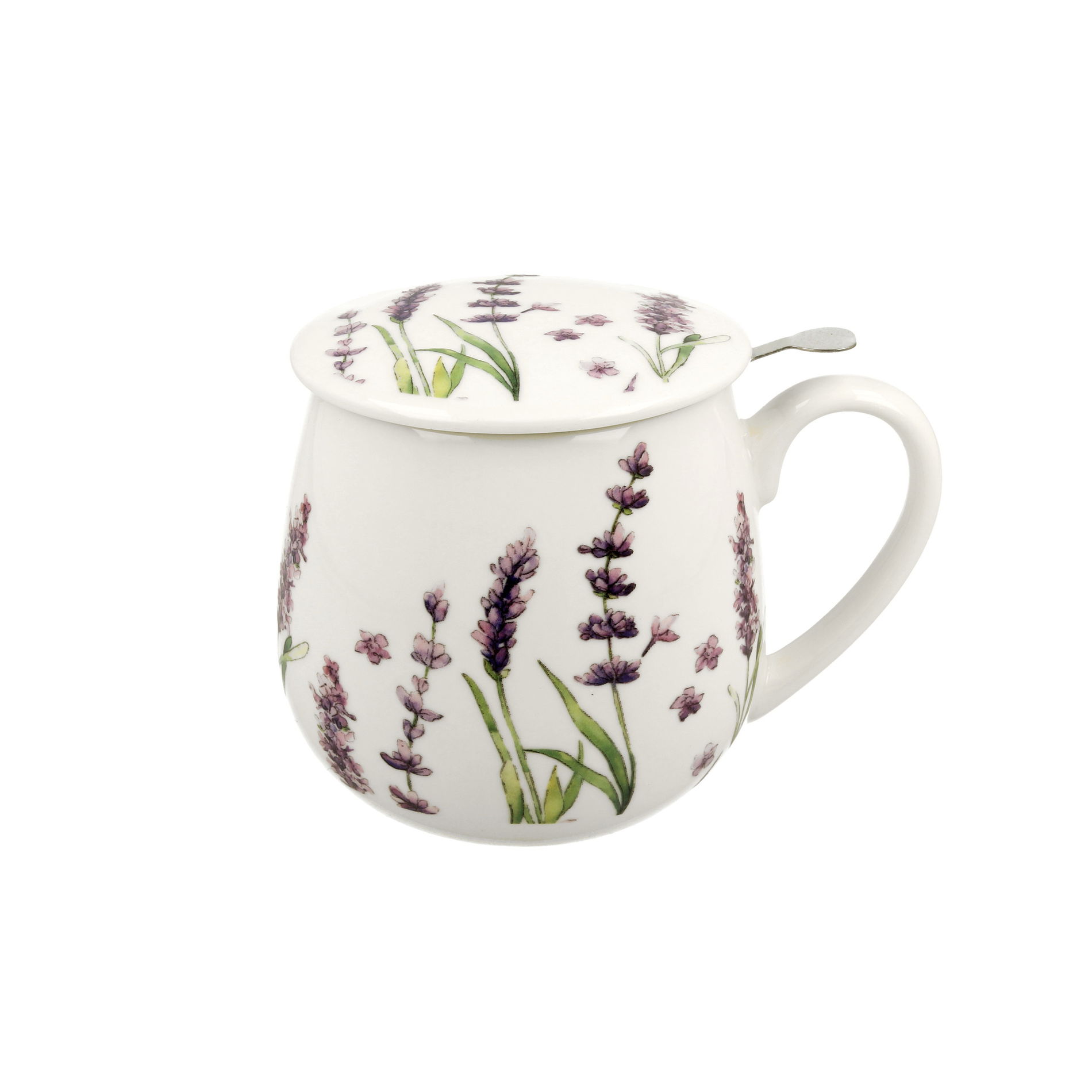 Porcelánový hrnek na sypaný čaj se sítkem a pokličkou DUO LAVENDER CLASSIC bílý 430 ml