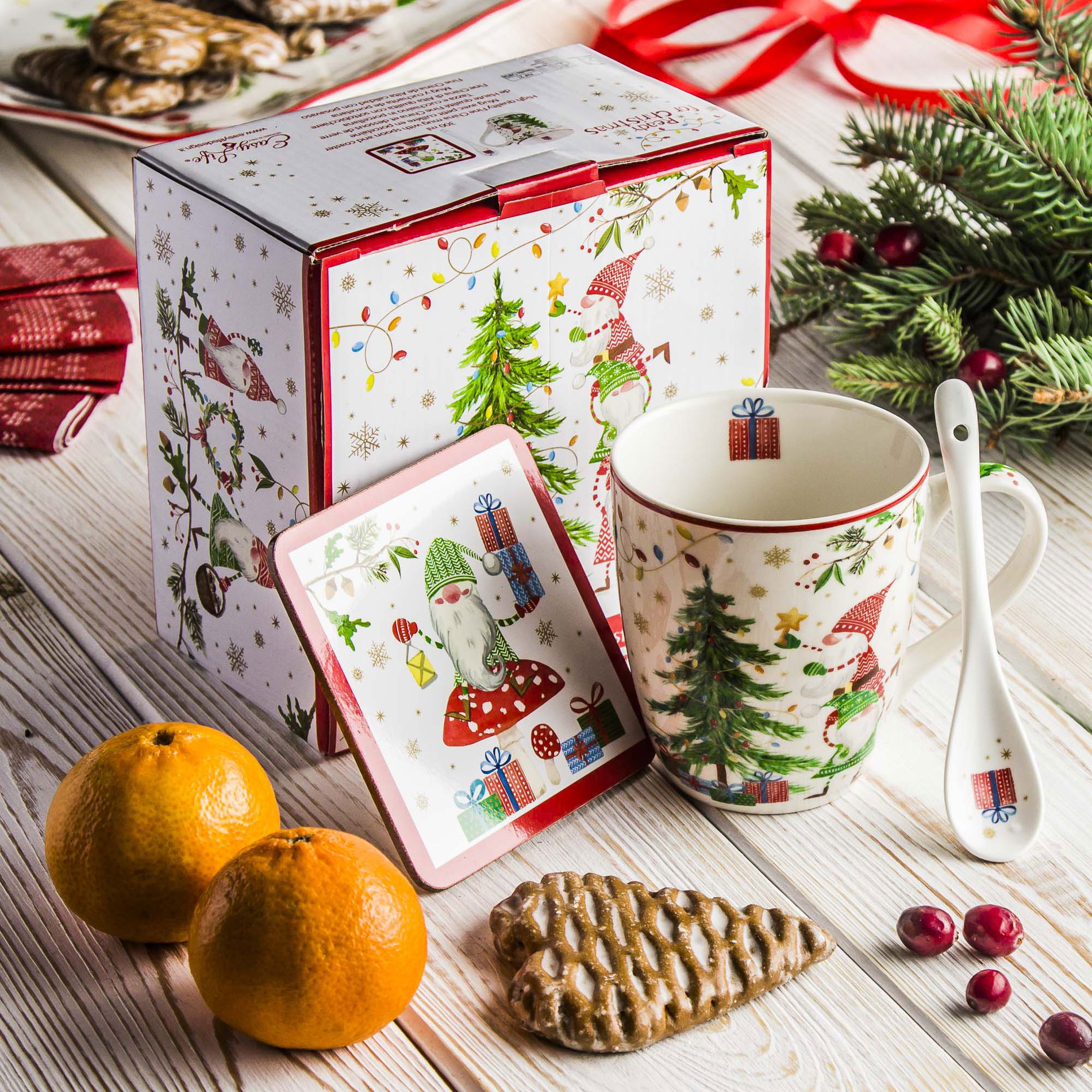 Porcelánový vianočný hrnček s lyžičkou a podložkou EASY LIFE READY FOR CHRISTMAS 300 ml