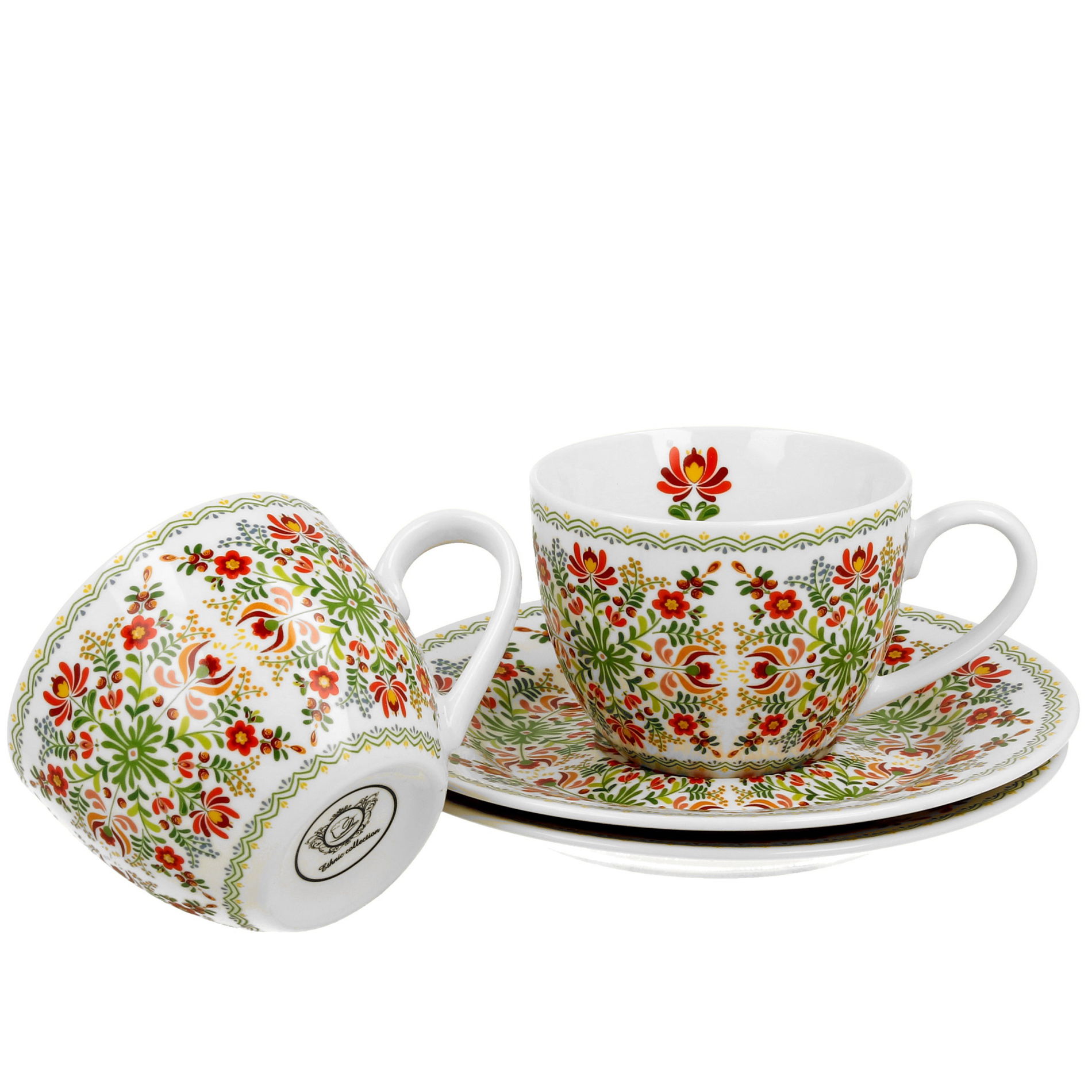 Porcelánové šálky na espresso s tanierikmi DUO ETNO MAĎARSKÝ VZOR 110 ml 2 ks.