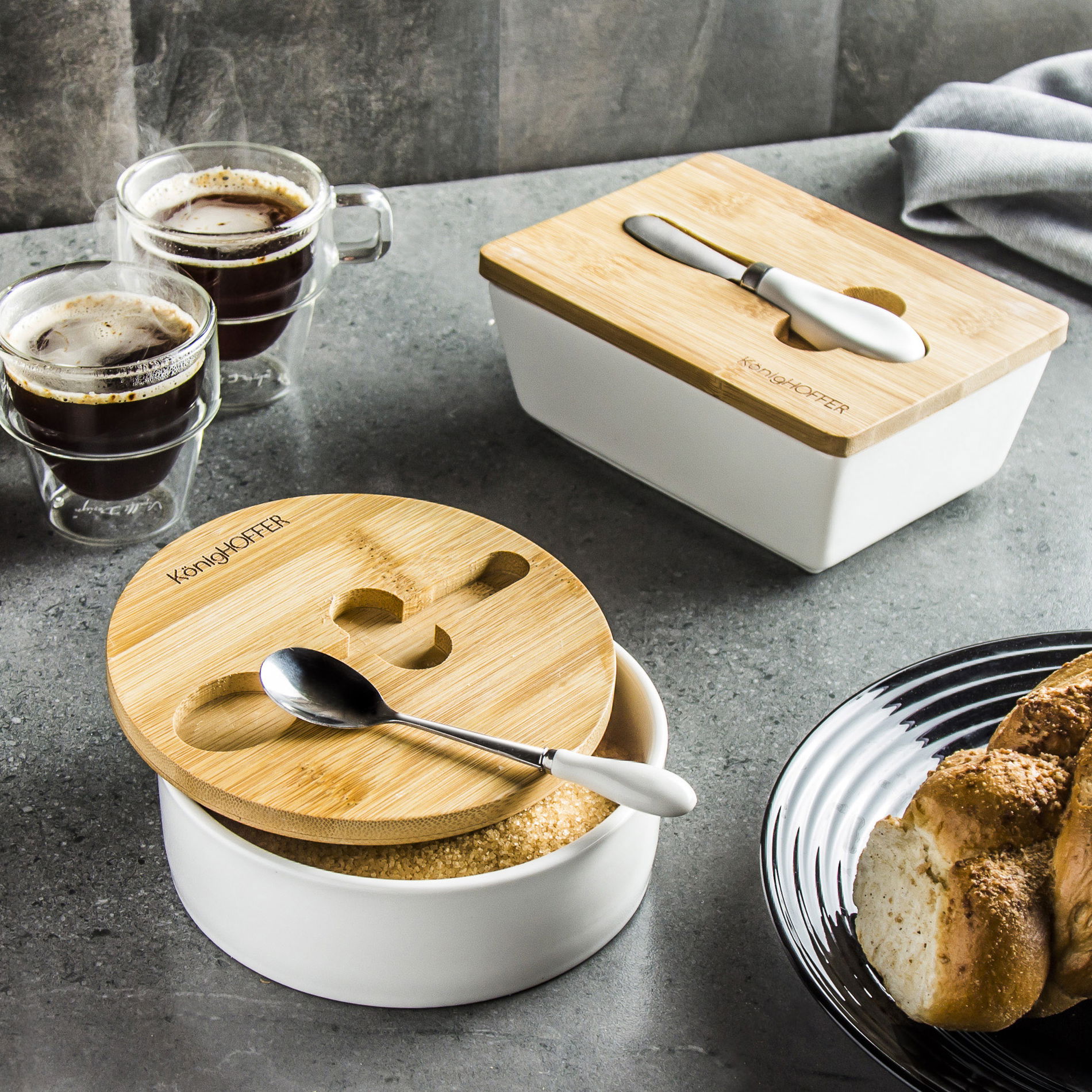 Porcelánová cukřenka s lžičkou KONIGHOFFER BAMBOO WOOD bílá 350 ml