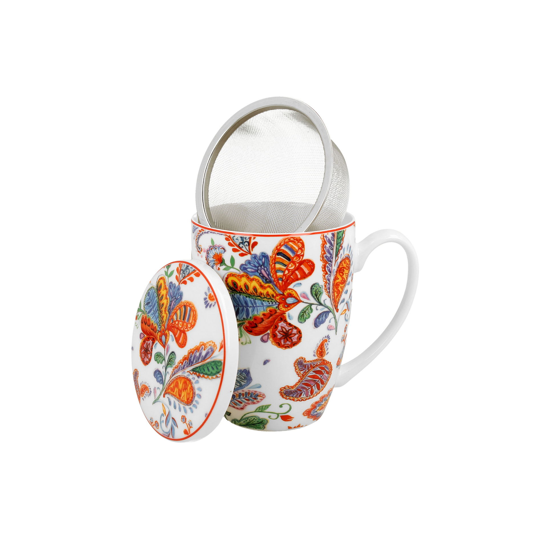 Porcelánový hrnek se zapařovačem a pokličkou DUO ART ETNO FOLKLOR KRÉMOVĚ-BÍLÝ 420 ml