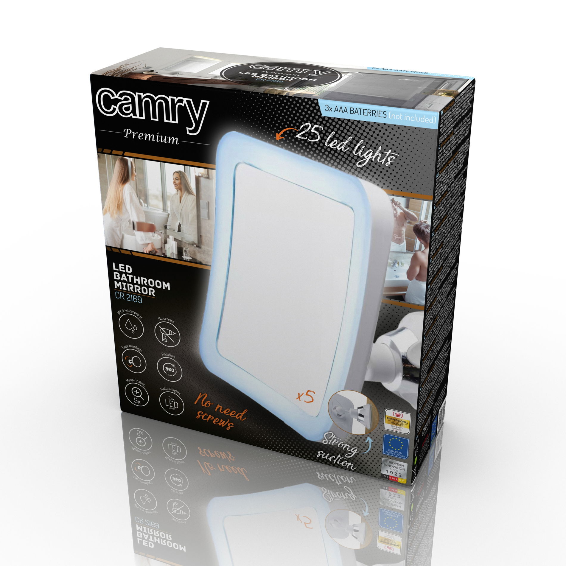 CAMRY Beauty bílé - osvětlené skleněné kosmetické zrcátko