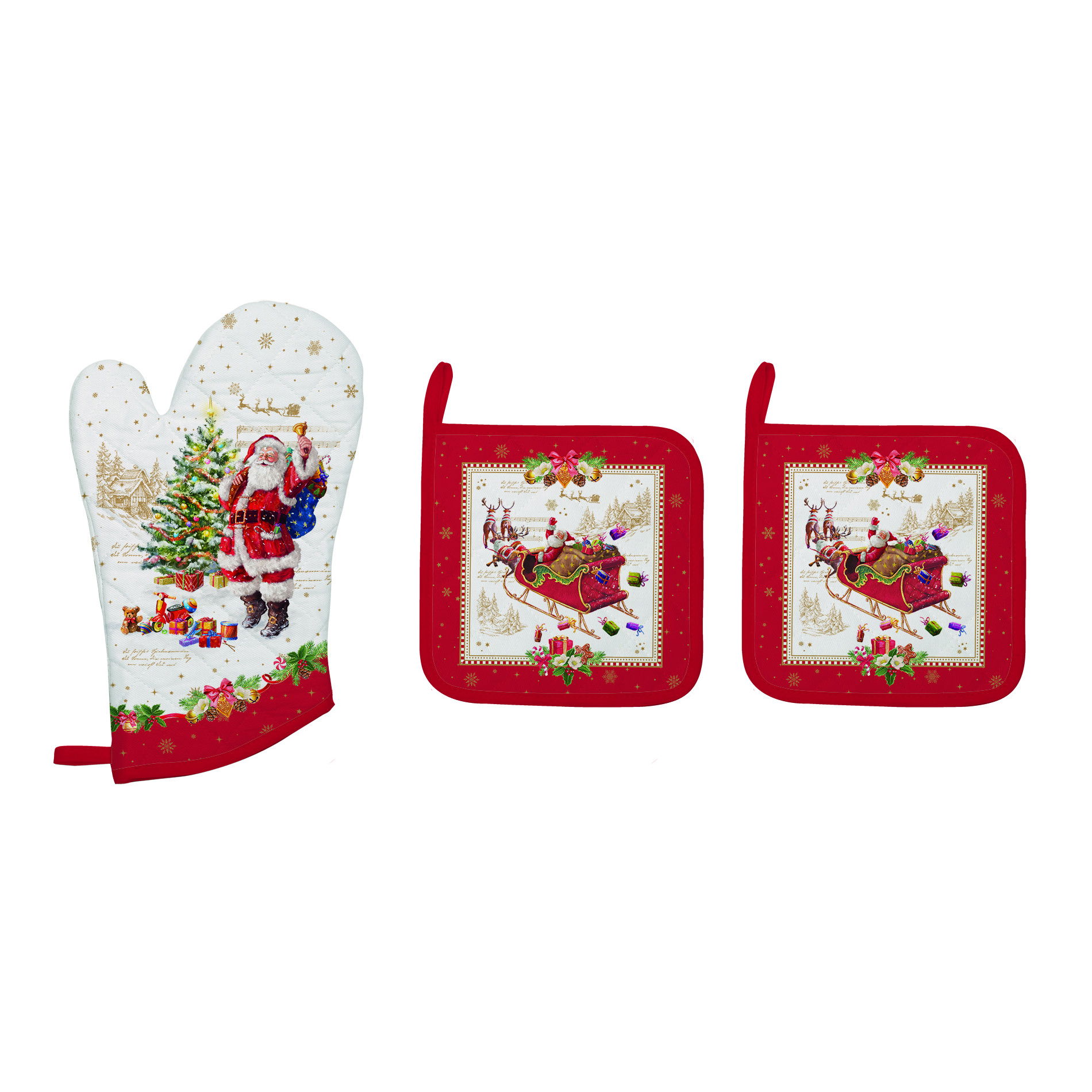 CHRISTMAS MEMORIES BÍLÁ A ČERVENÁ Kuchyňská rukavice a tlapky (3 ks)