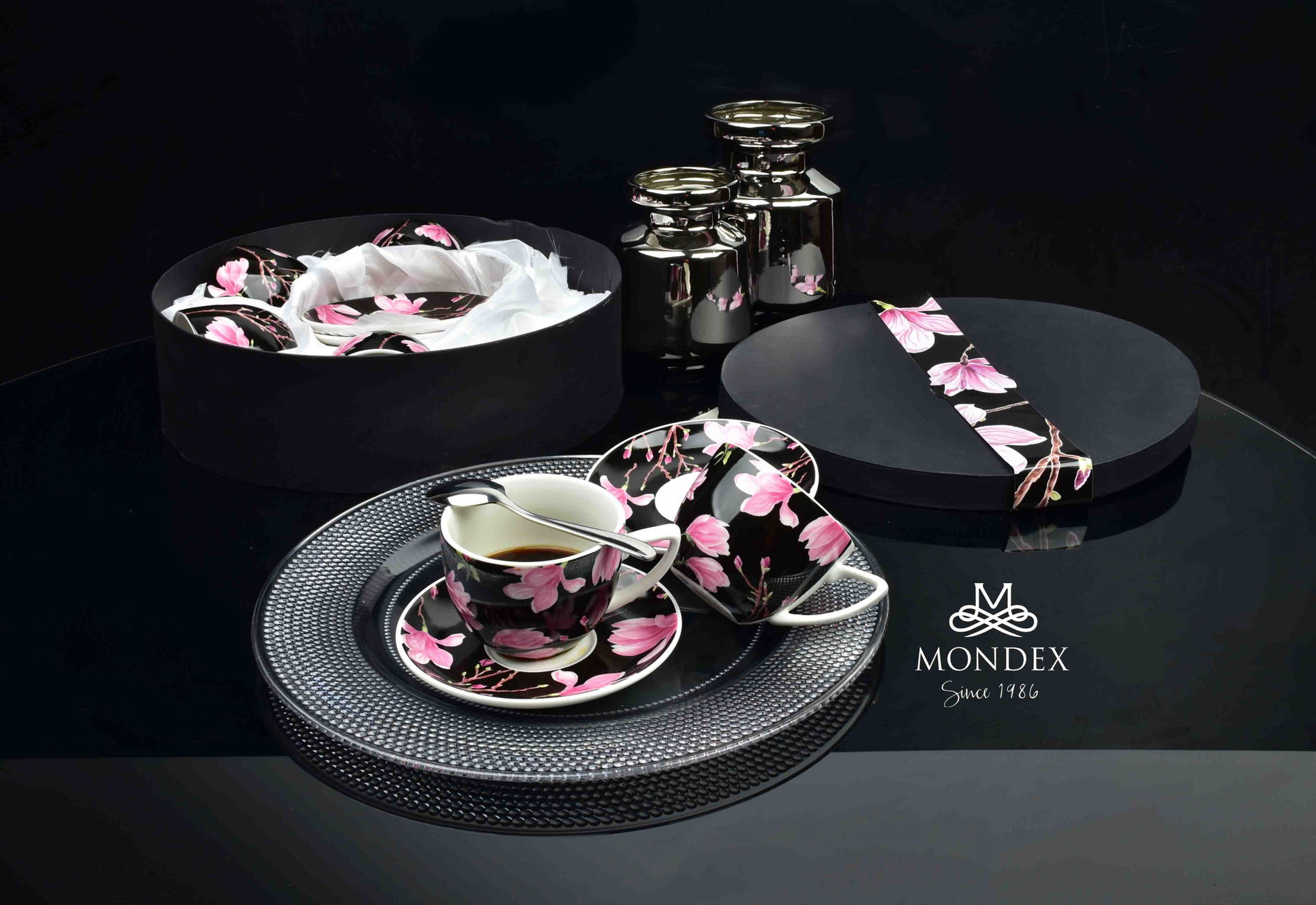 Porcelánové šálky na kávu a čaj s tanierikmi AFFEK DESIGN AYLA MAGNOLIA ČIERNE 250 ml 6 ks.