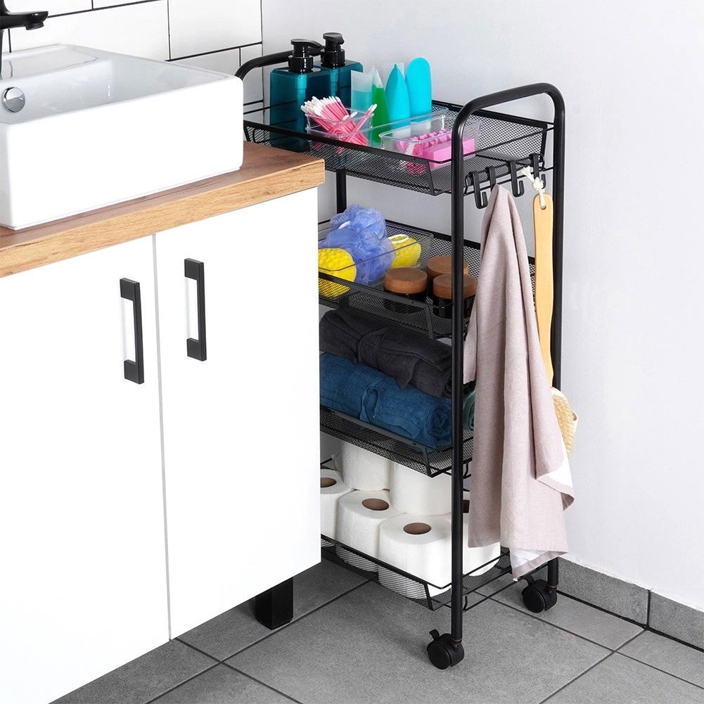Kovový koupelnový regál se 4 úrovněmi a háčky 84 cm