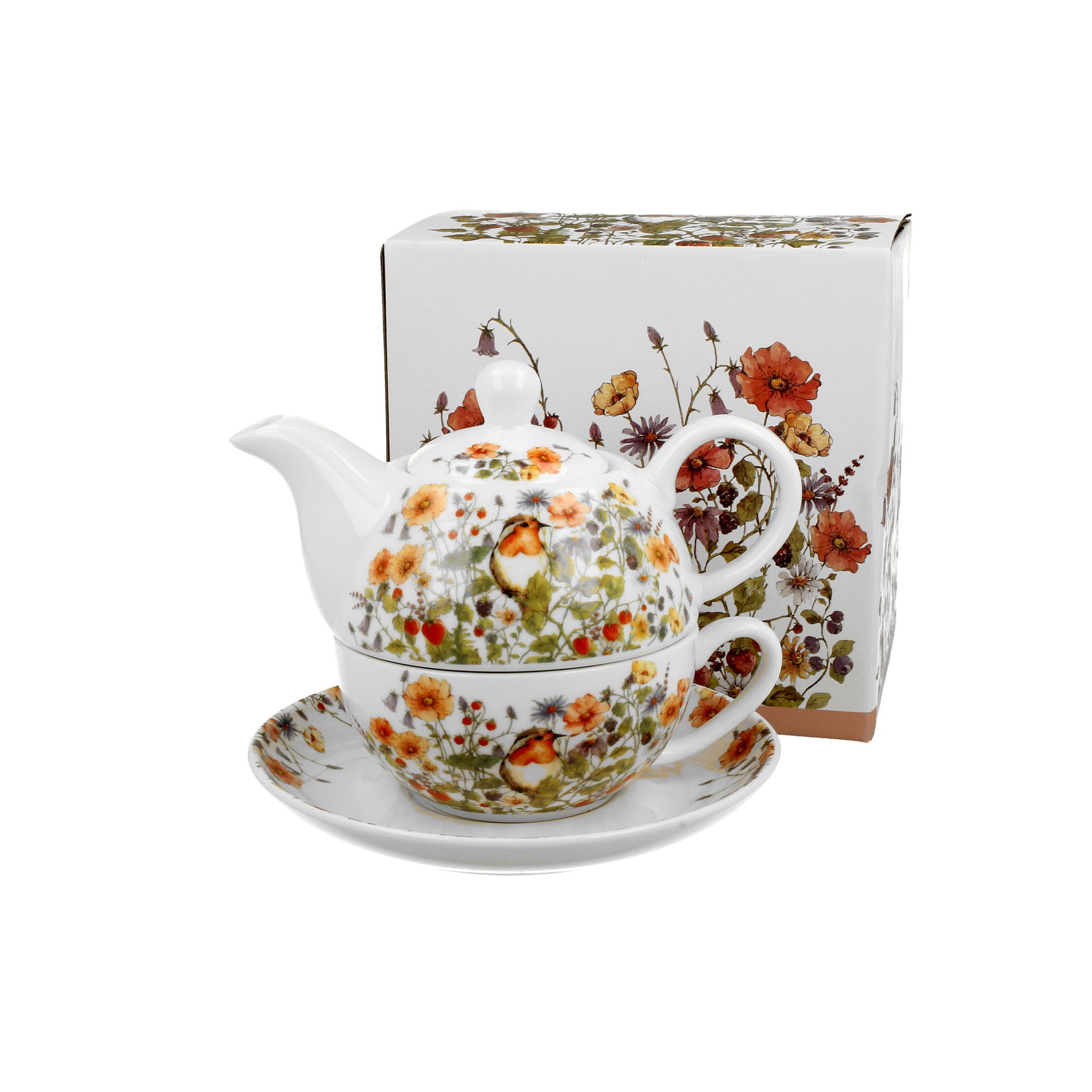 Porcelánová konvice na čaj a kávu s šálkem a podšálkem DUO WILD BIRD 0,35 l