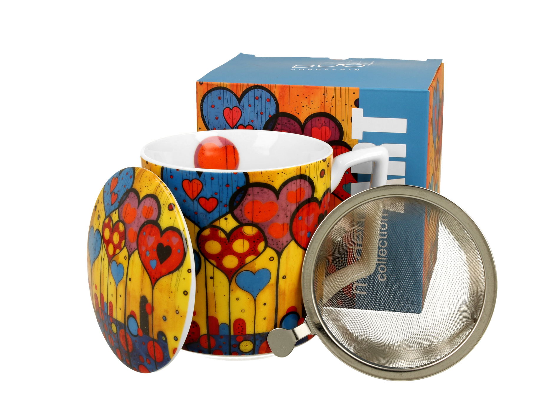Kubek porcelanowy z zaparzaczem i pokrywką DUO MODERN HEARTS 450 ml