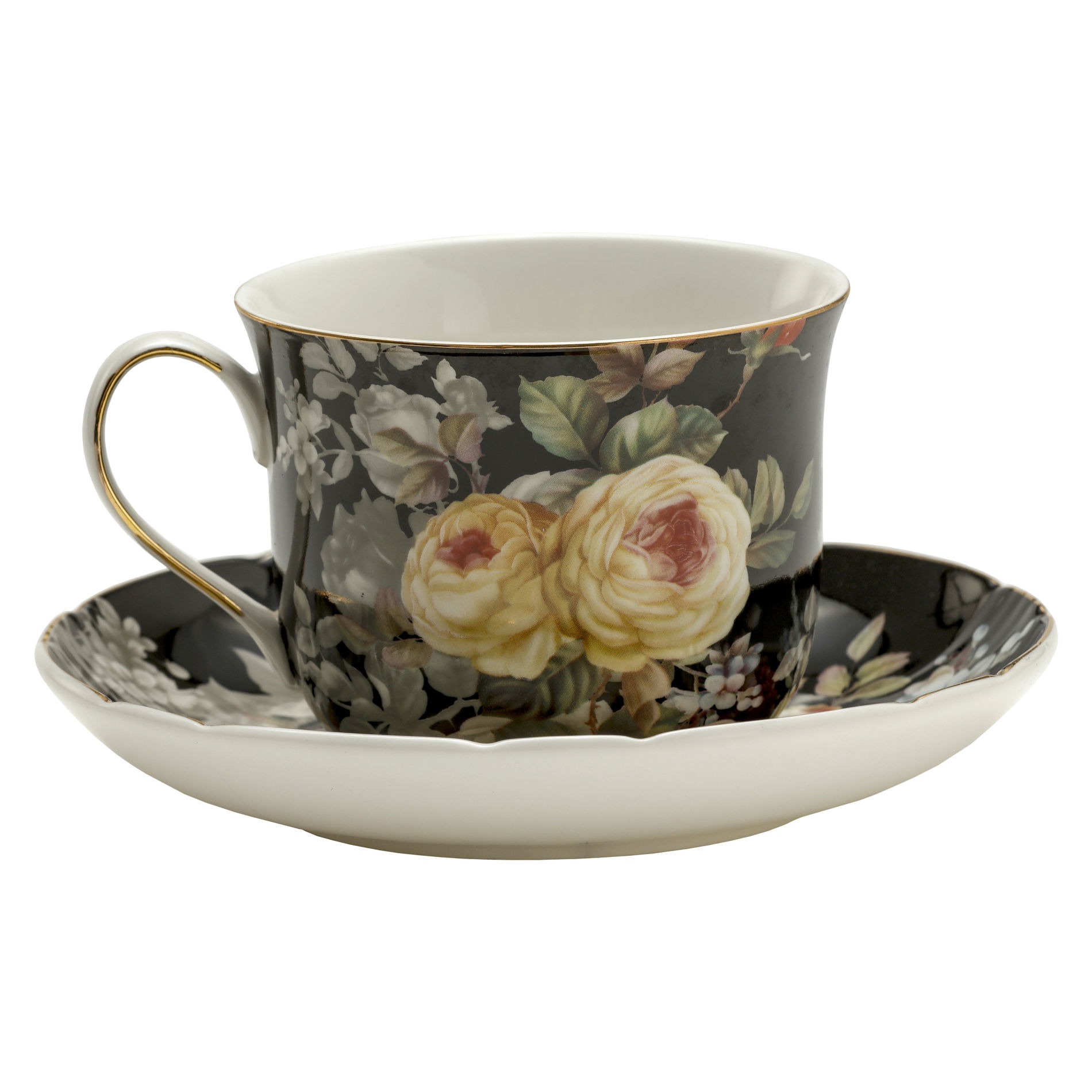Porcelánový šálek na kávu a čaj s podšálkem DUŻA krémový RŮŽE černý 420 ml