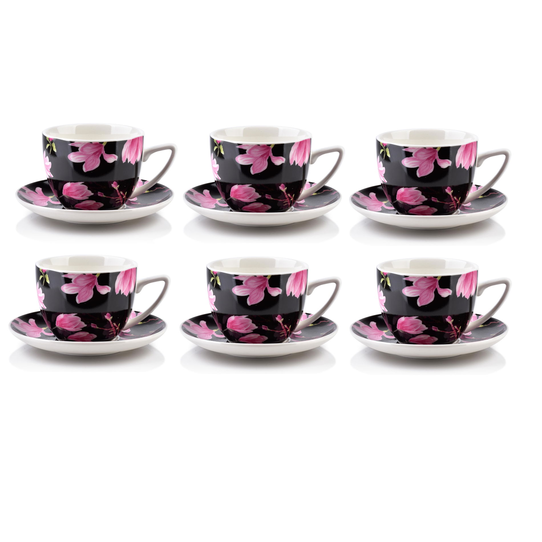 Porcelánové šálky na kávu a čaj s tanierikmi AFFEK DESIGN AYLA MAGNOLIA ČIERNE 250 ml 6 ks.