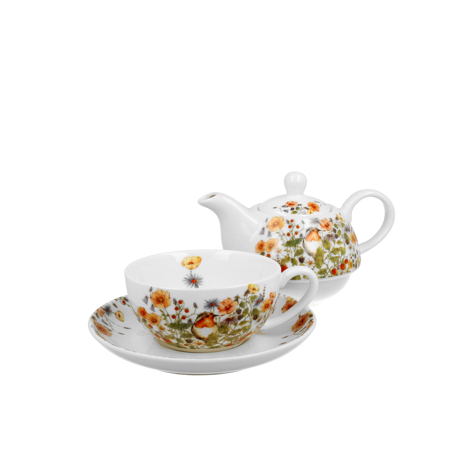 Porcelánová konvice na čaj a kávu s šálkem a podšálkem DUO WILD BIRD 0,35 l