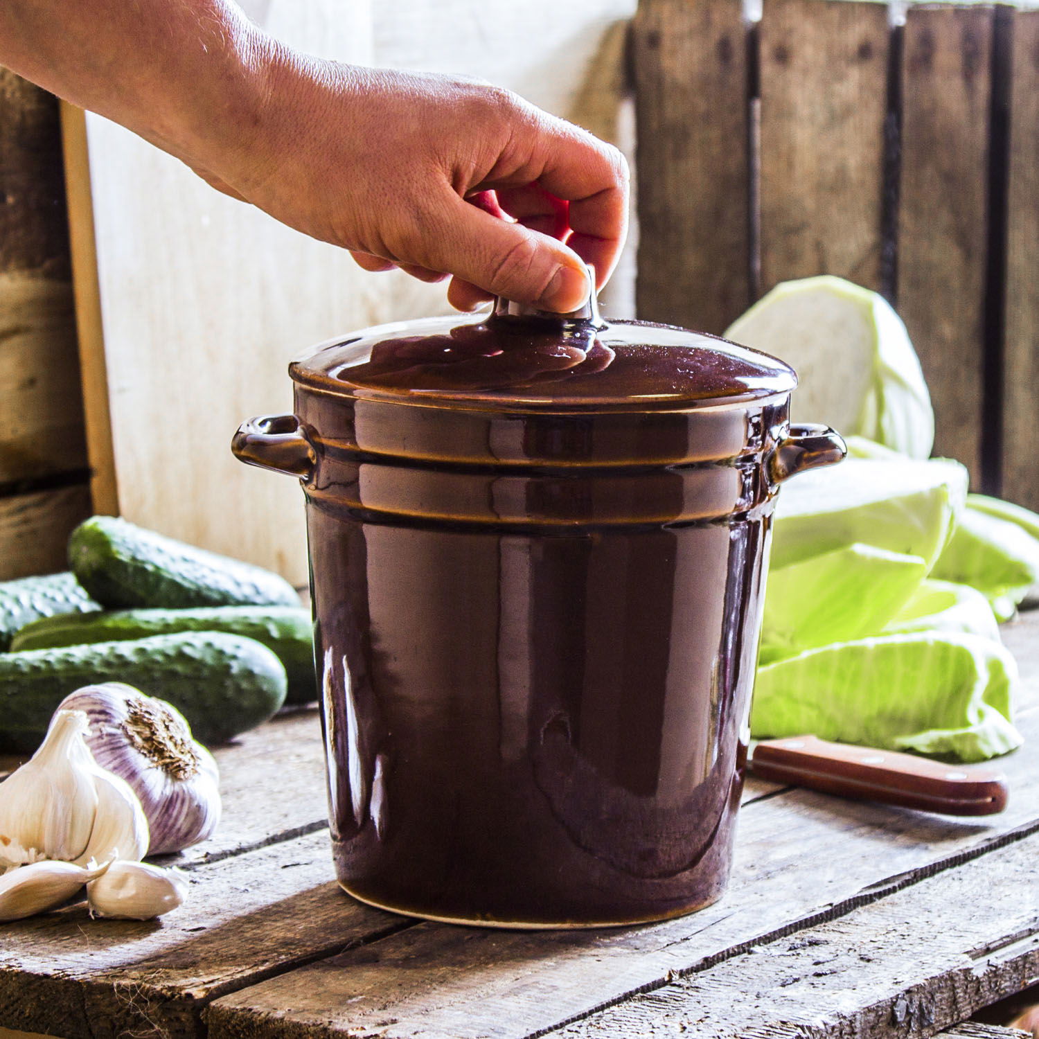 Kameninový sud na kysané zelí a okurky s víkem KRYSTYNKA MIDORI BRONZE 2 l