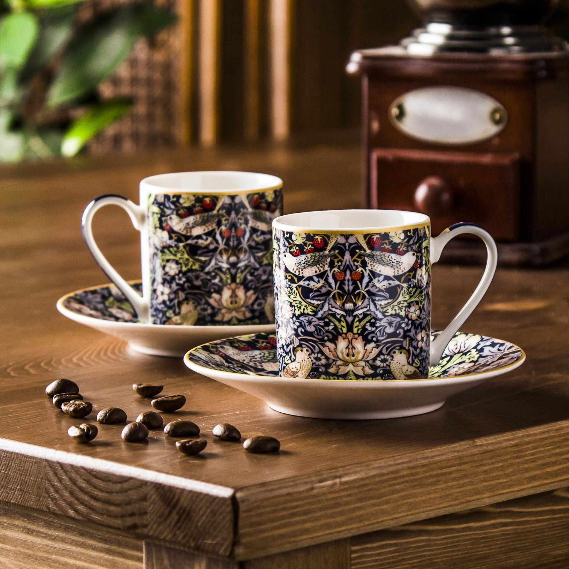 DUO Art Gallery By William Morris Strawberry Thief 90 ml 2 szt. wielokolorowe - filiżanki do espresso porcelanowe ze spodkami
