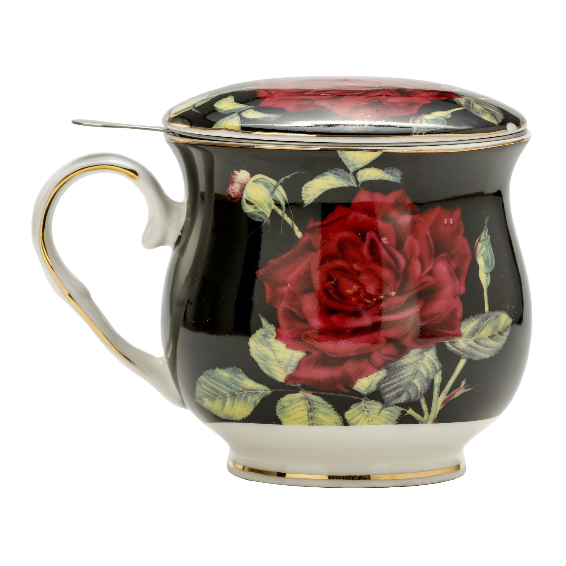 Porcelánový hrnček s čajovým infúzerom a vekom ČERVENÁ RUŽA BARYŁKA ČIERNY 480 ml