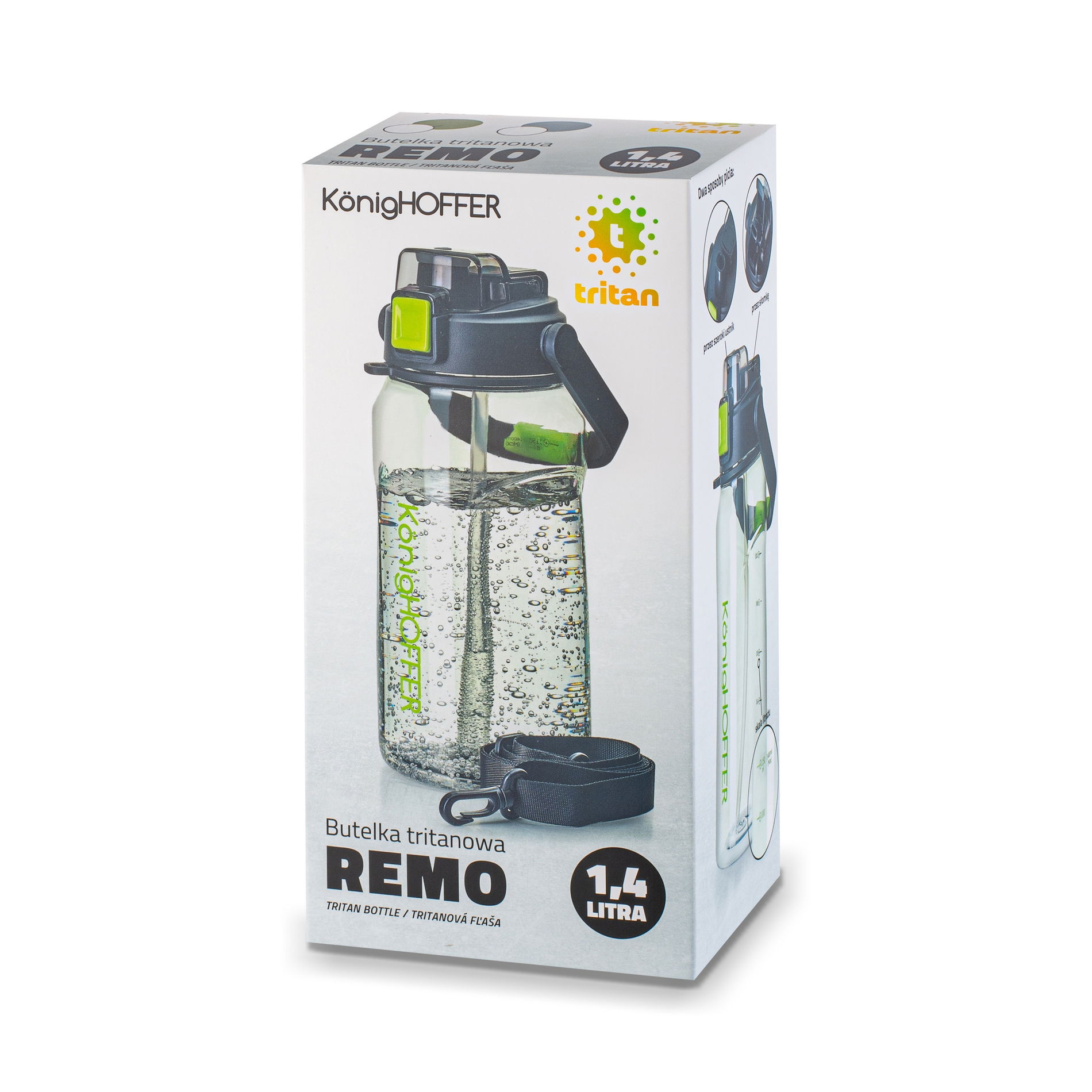 Láhev / láhev na vodu velká tritanová s brčkem a popruhem na nošení KONIGHOFFER REMO 1,4 l