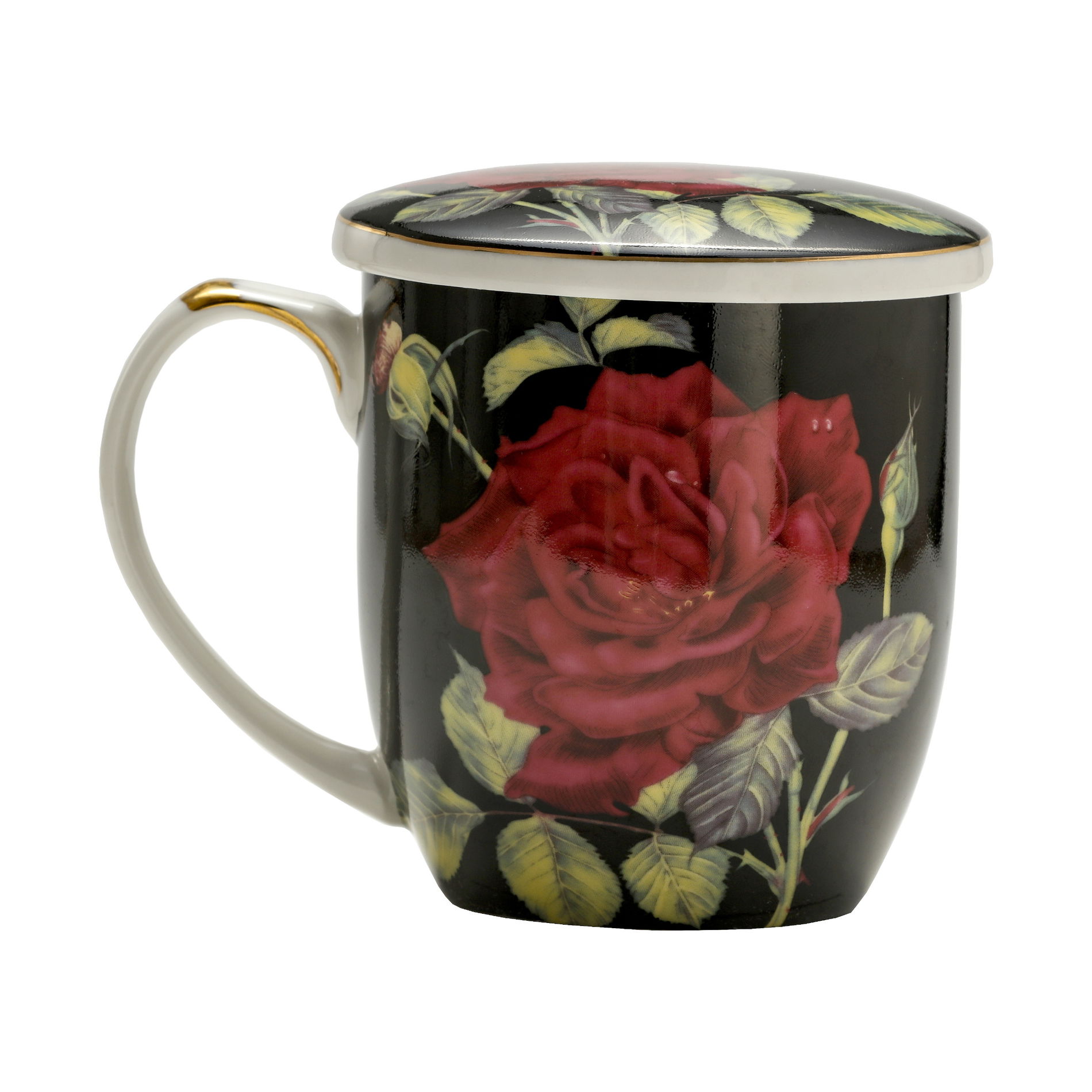 Kubek porcelanowy z zaparzaczem i pokrywką CZERWONA RÓŻA CZARNY 420 ml