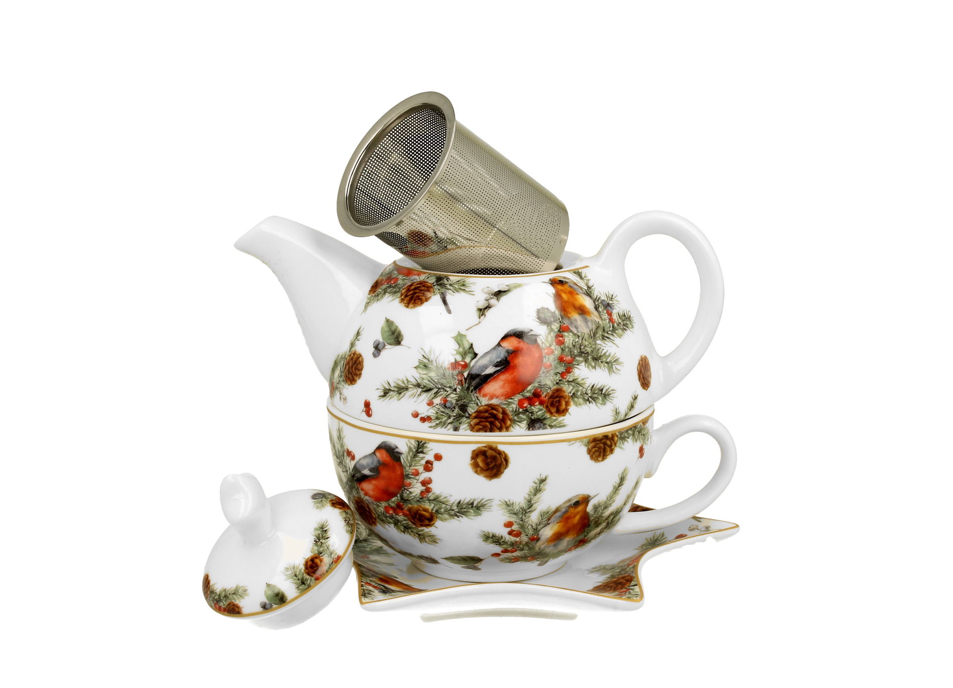 Vianočný džbán s hrnčekom a zaváraninovým pohárom DUO VÁNOČNÉ PTÁČIKY porcelánový džbán 0,35 l