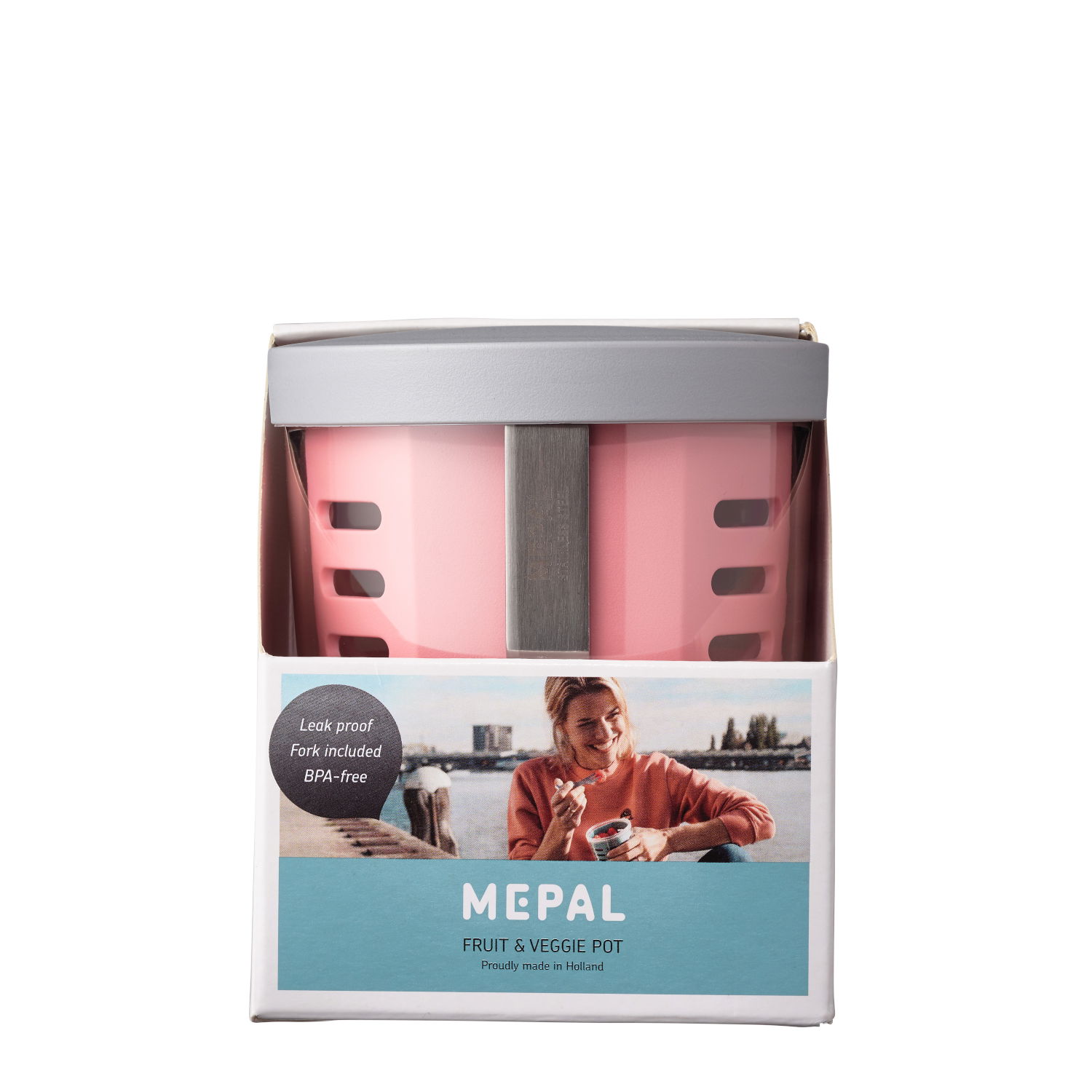 MEPAL Ellipse Ovocie a Zeleninový Hrnček Nordic Pink 0,6 l svetloružový - plastová nádoba na ovocie a zeleninu s vidličkou
