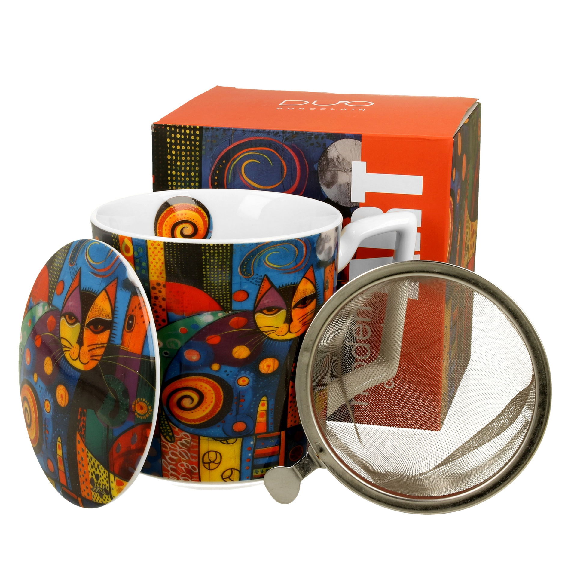 Kubek porcelanowy z zaparzaczem i pokrywką DUO MODERN CAT 450 ml