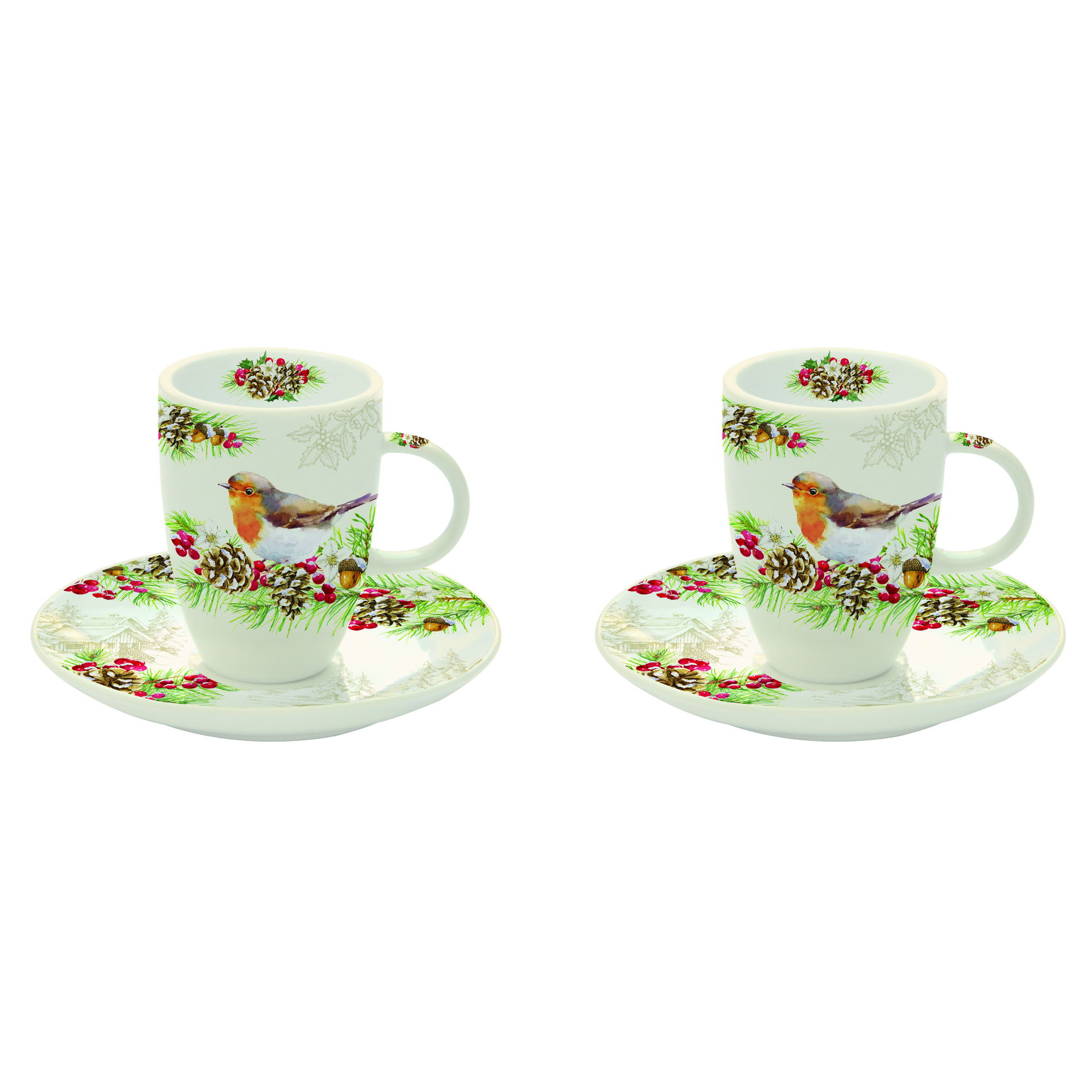 Porcelánové šálky na espresso s podšálky WINTER ROBIN 50 ml 2 ks