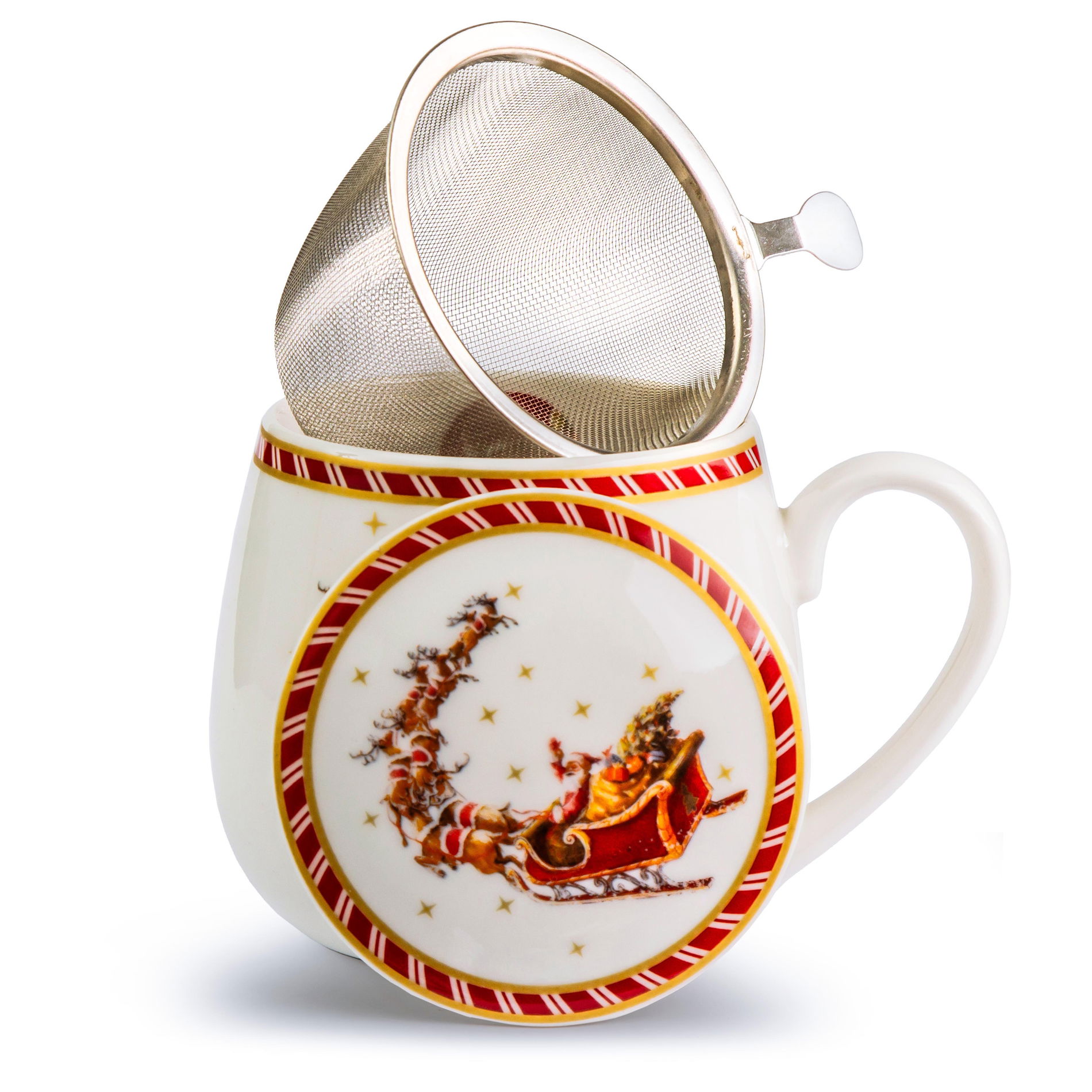 Porcelánový hrnček s čajovým infúzerom a vekom DUO SANTA ON SLEIGH 430 ml