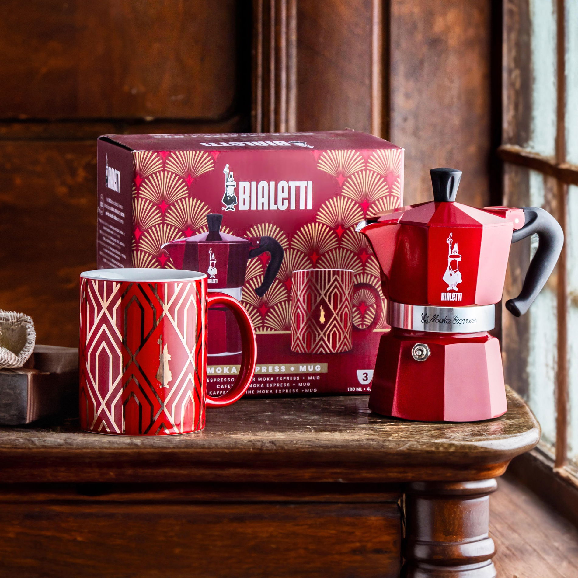 BIALETTI Moka Express Deco Glamour pre 3 šálky espressa (3 tz) - sada talianska kávovarica hliníková tlaková s hrnčekom