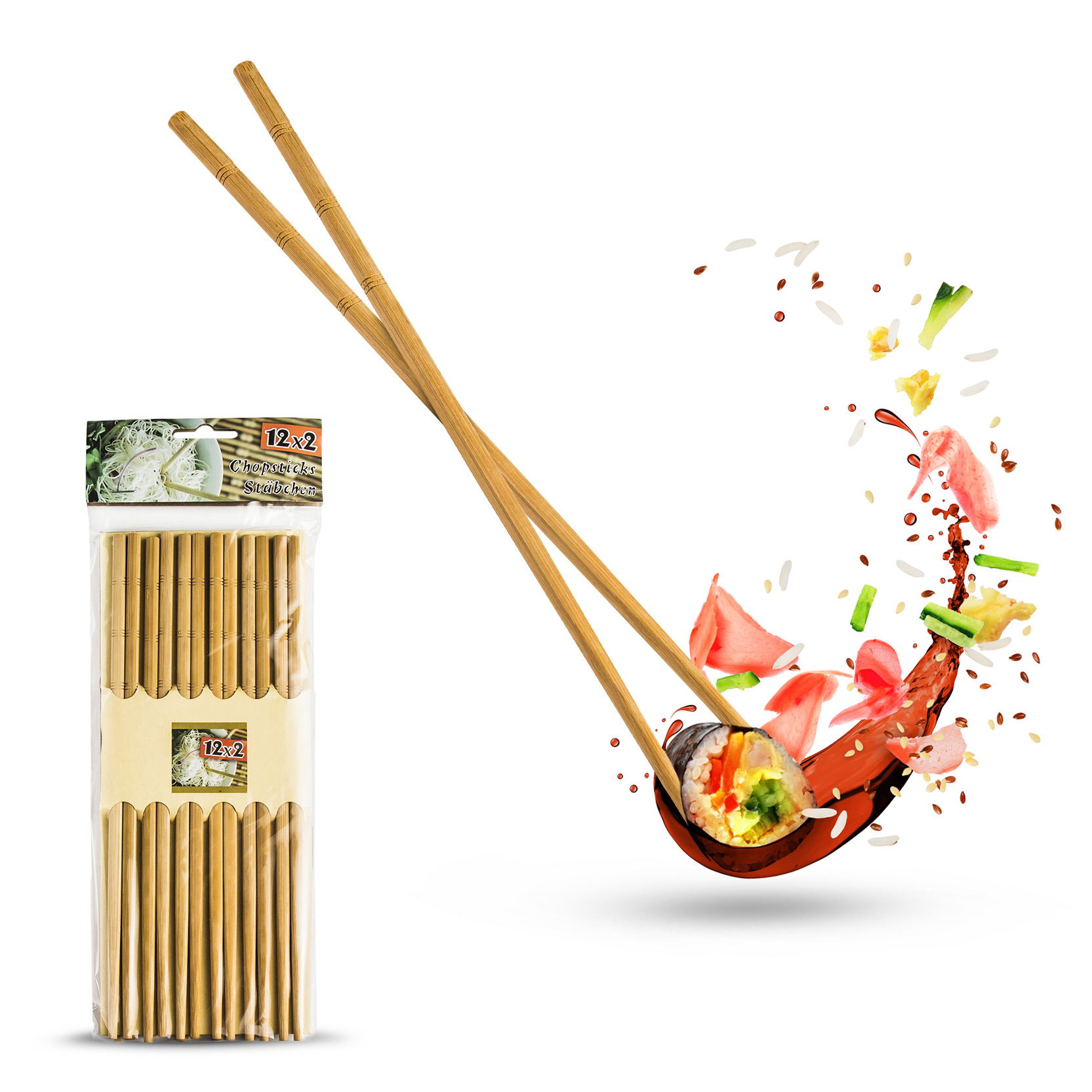 SUSHI SPISEPINNER hnědá bambusová rýže a sushi tyčinky 24 cm 12 ks.
