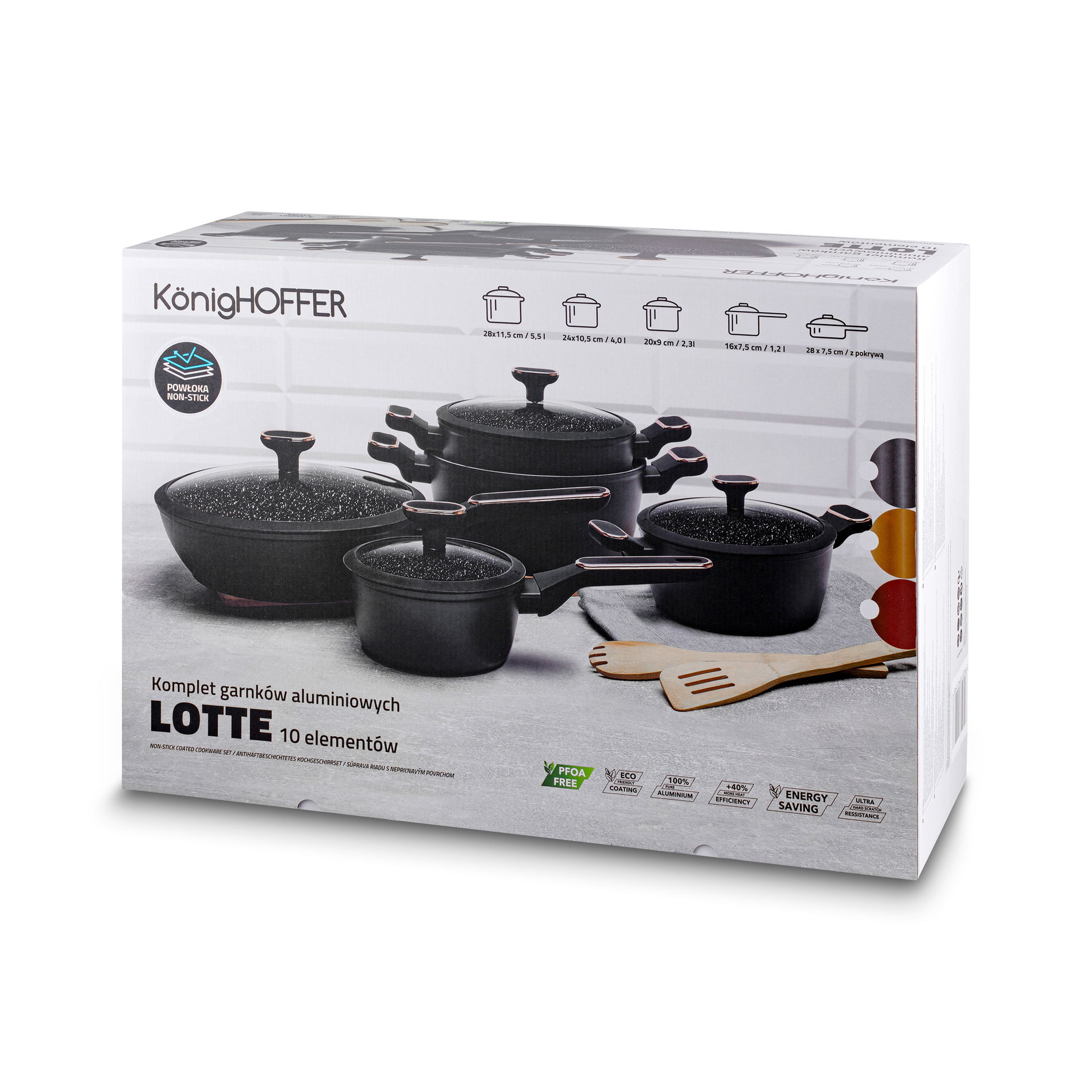 Zestaw 4 garnków aluminiowych i patelni nieprzywierającej z pokrywkami KONIGHOFFER LOTTE