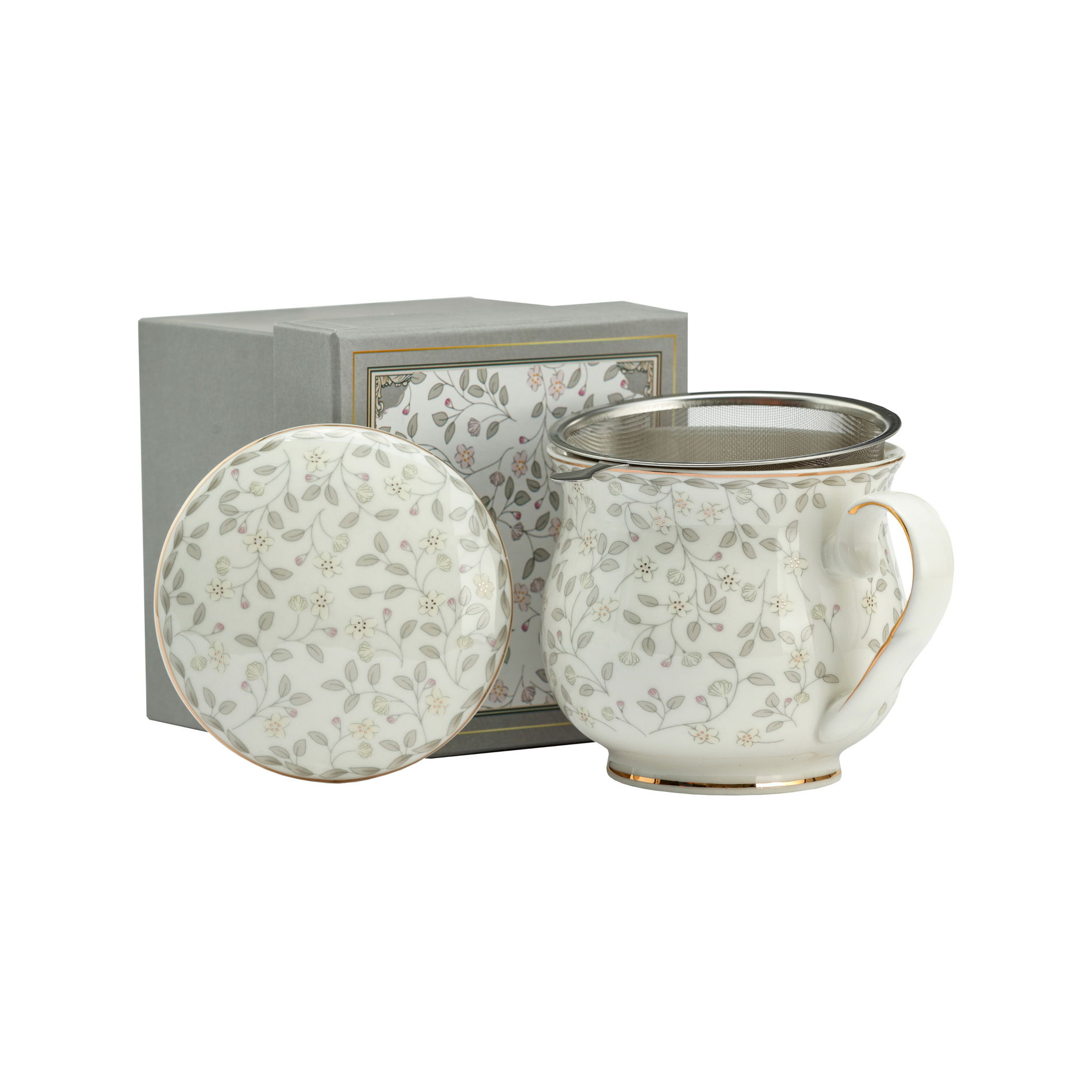 Porcelánový hrnček s čajovým infúzerom a vekom ALICE II BIELO-ŠEDÝ 480 ml