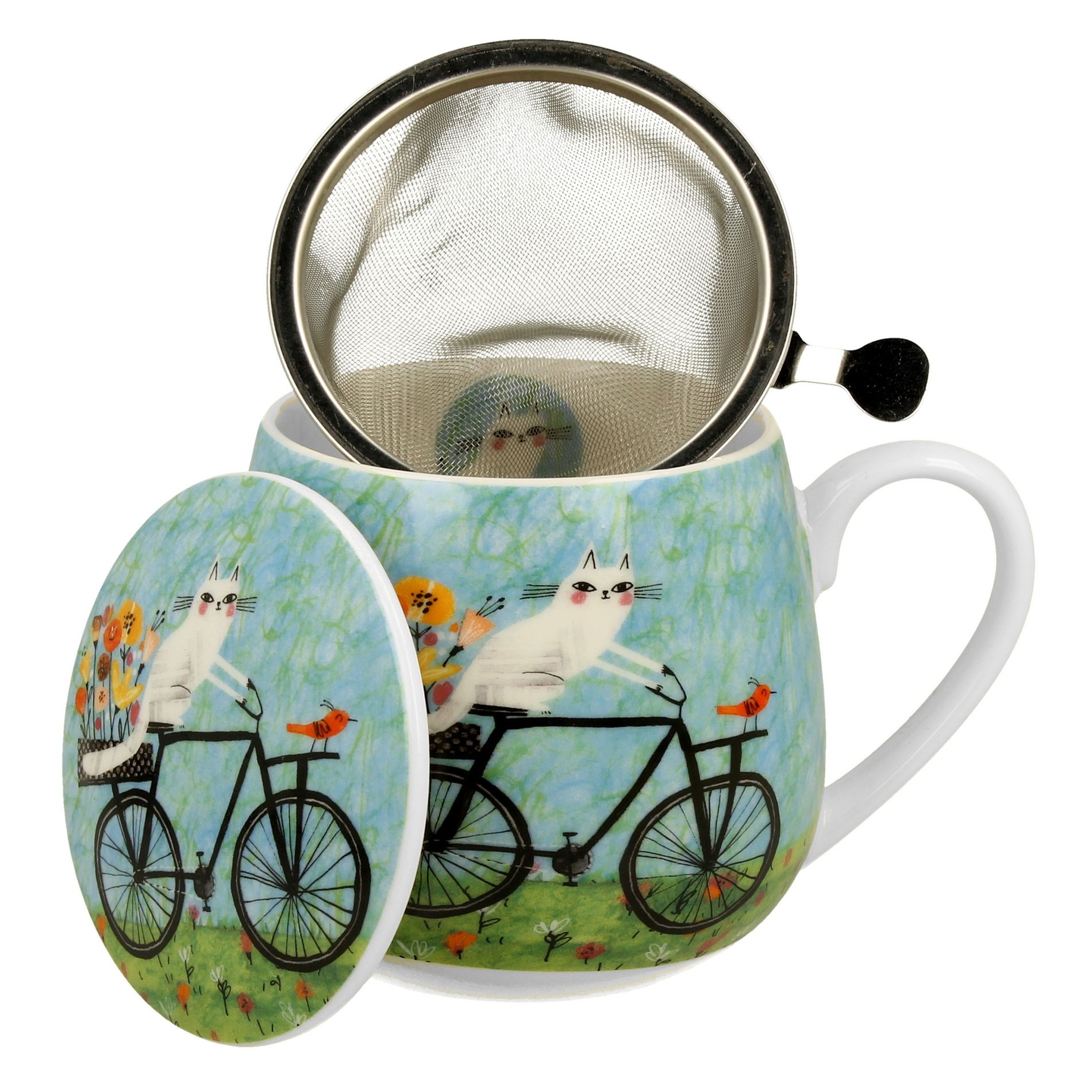 Porcelánový hrníček s konvičkou a víčkem DUO ANIMALS KOČIČÍ SVĚT KOLA 430 ml