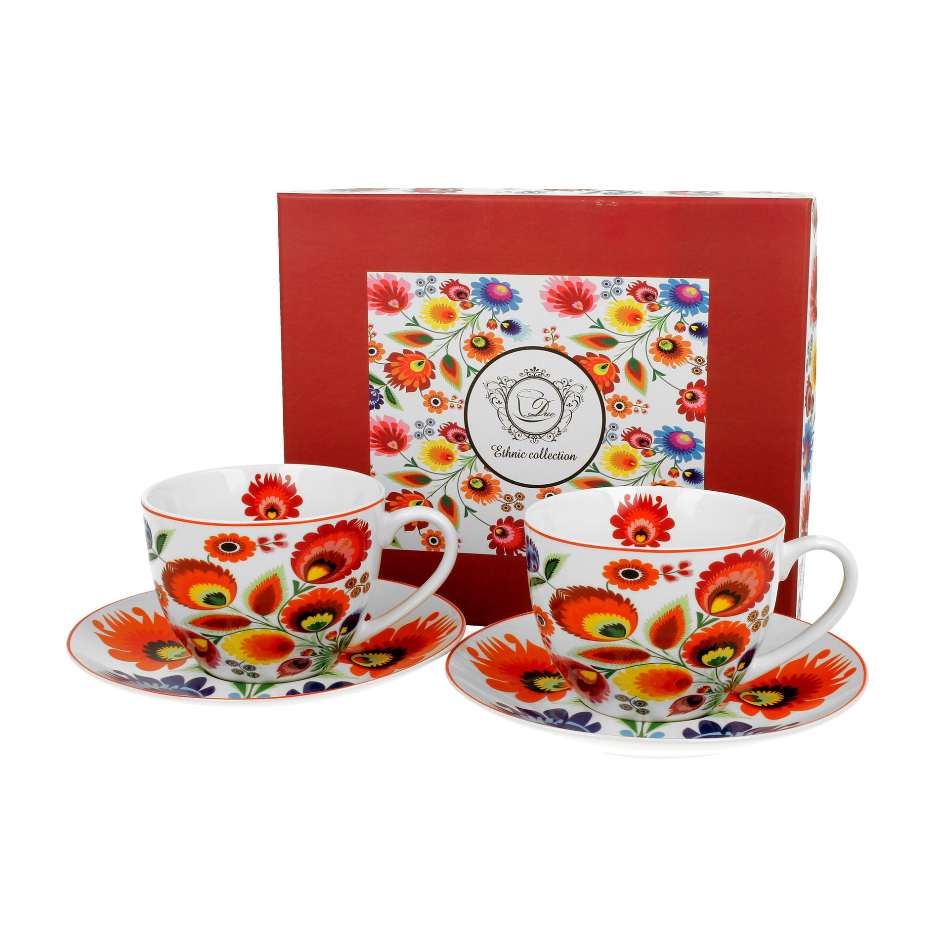 Porcelánové šálky na kávu a čaj s tanierikmi DUO ETNO ĽOWICZ 280 ml 2 ks