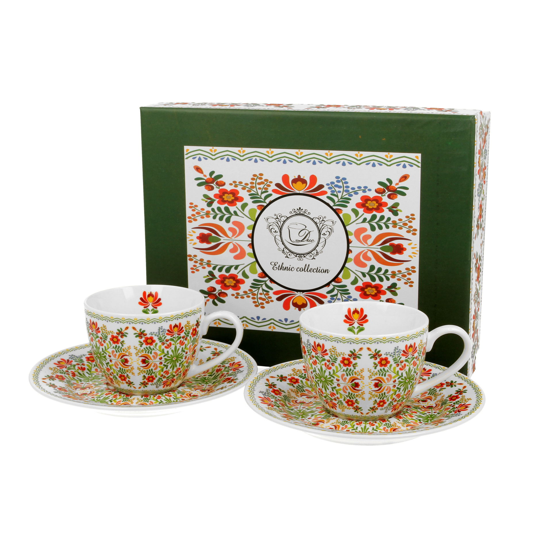 Porcelánové šálky na espresso s tanierikmi DUO ETNO MAĎARSKÝ VZOR 110 ml 2 ks.