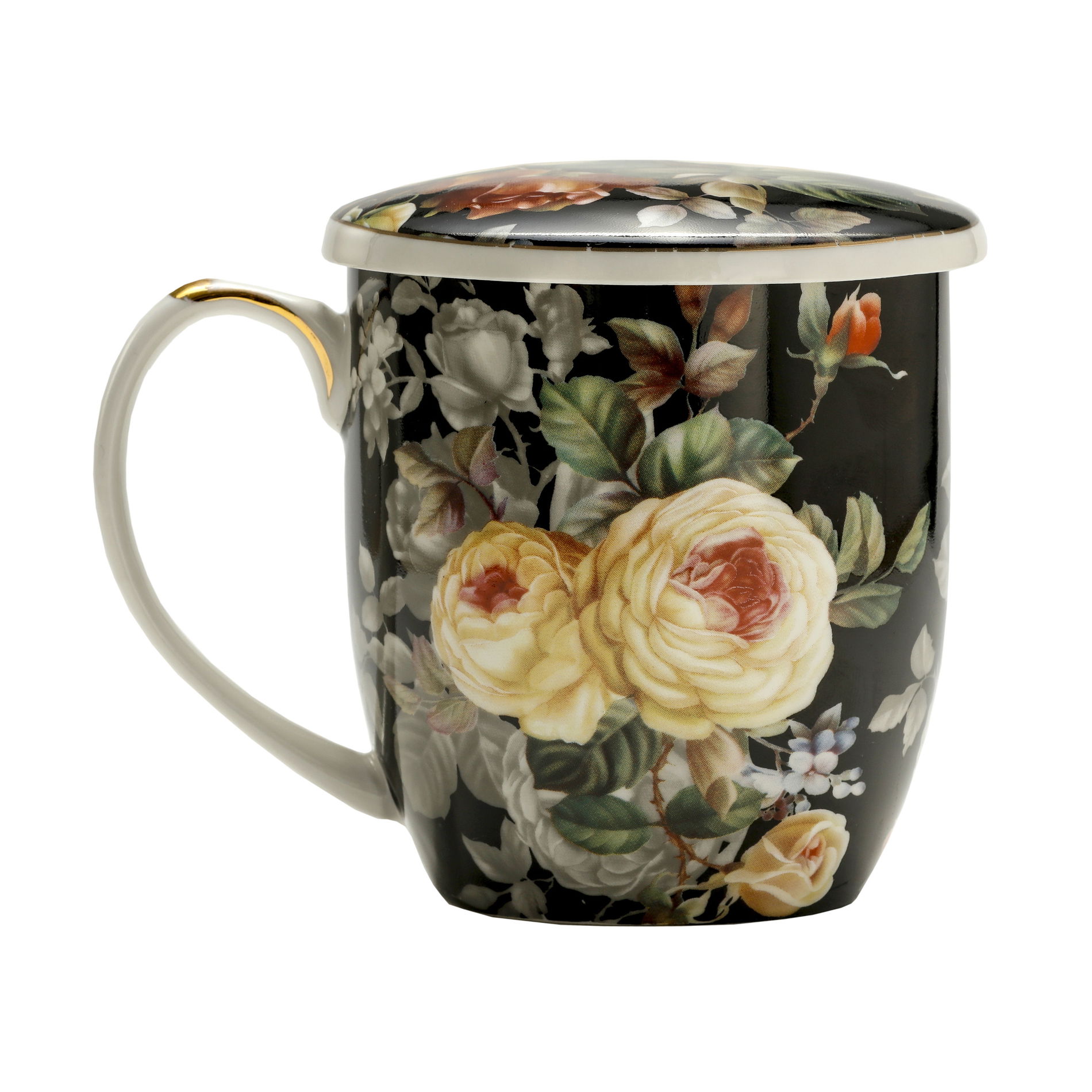 Porcelánový hrnek na sypaný čaj se sítkem a pokličkou RŮŽE černý 420 ml